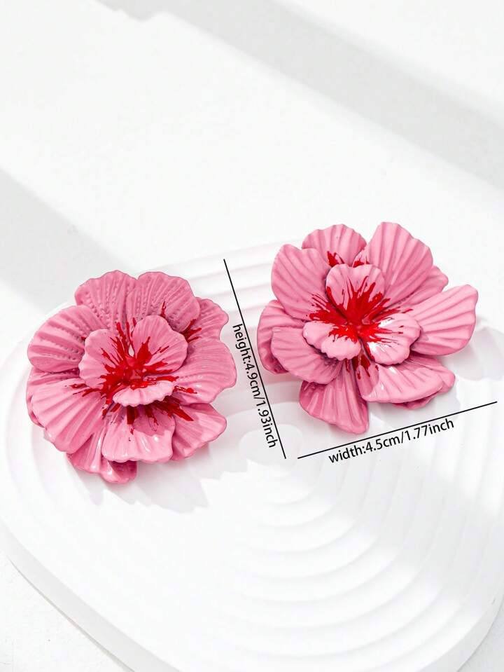 1 Pair Flower Earrings Pink Color Enameled Floral Earring Vocation Style Jewelry For Women
