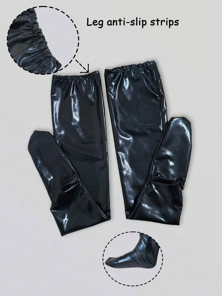 1 Pair Shiny Elastic Thigh-High Stockings With Anti-Slip Mirrored Leather Design, Women Pantyhose