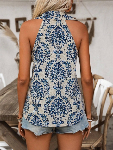 EMERY ROSE Women's Summer Vacation Lapel Button Casual Sleeveless Printed Shirt