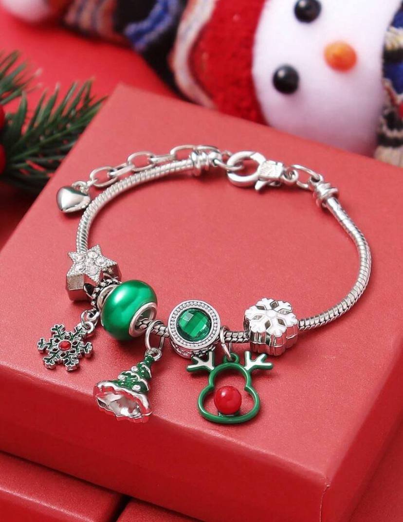 1pc Cute Hollow Reindeer, Christmas Tree &amp; Snowflake Beaded Copper Chain Bracelet