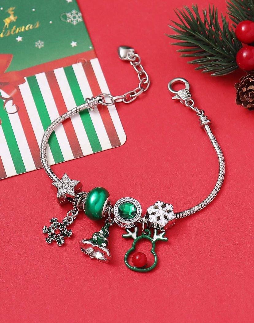 1pc Cute Hollow Reindeer, Christmas Tree &amp; Snowflake Beaded Copper Chain Bracelet