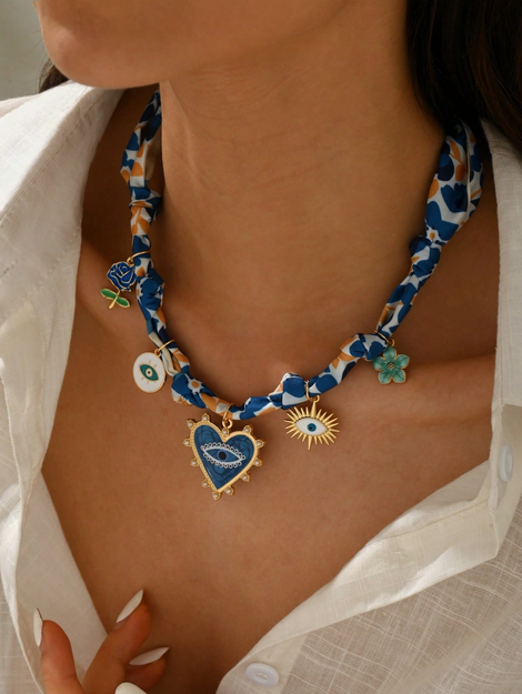1pc Floral Eye Decor Vacation Scarf Necklace Blue Women's Necklace