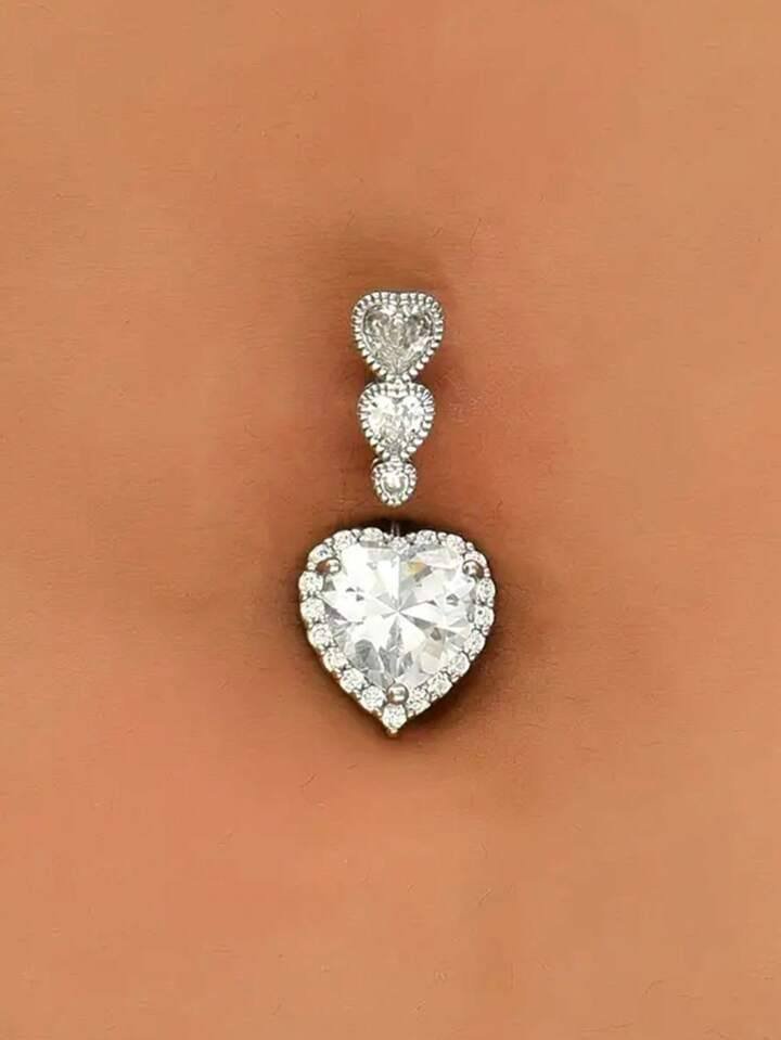 1pc Inlaid Heart Shape Belly Button Ring Women's Fine Body Piercing Jewelry
