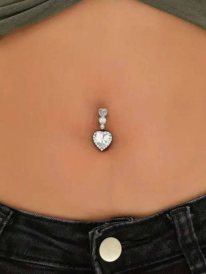 1pc Inlaid Heart Shape Belly Button Ring Women's Fine Body Piercing Jewelry