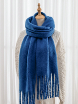 1pc Solid Color Scarf, Winter Warm Neck, Thickened Wool Knitted Thick Fringed Shawl,