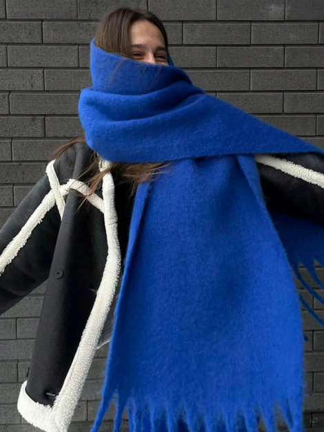 1pc Solid Color Scarf, Winter Warm Neck, Thickened Wool Knitted Thick Fringed Shawl,