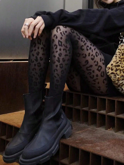 1pc Women Leopard Print 50D Skinny Leggings, Sexy Vintage Jacquard Pantyhose