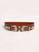 1pc Women's Vintage Hollow Out Double Buckle Elastic Waist Cinch Belt Boho Halloween