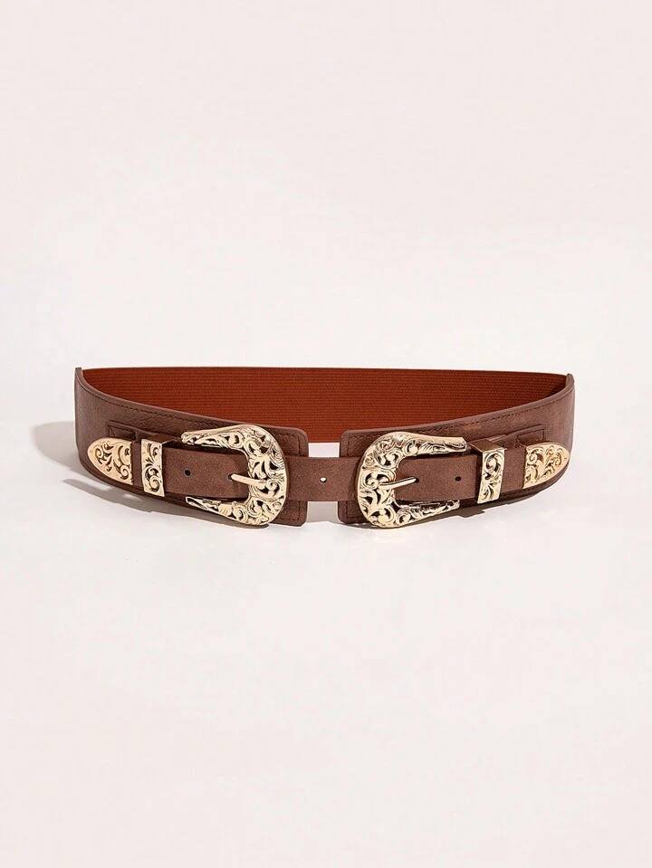 1pc Women's Vintage Hollow Out Double Buckle Elastic Waist Cinch Belt Boho Halloween