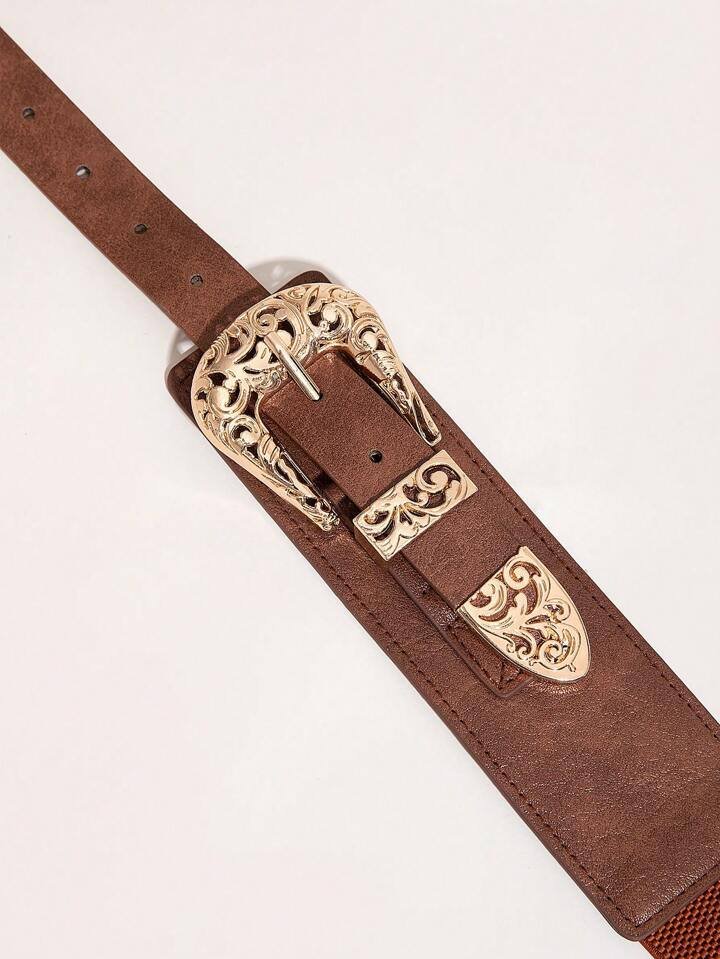 1pc Women's Vintage Hollow Out Double Buckle Elastic Waist Cinch Belt Boho Halloween
