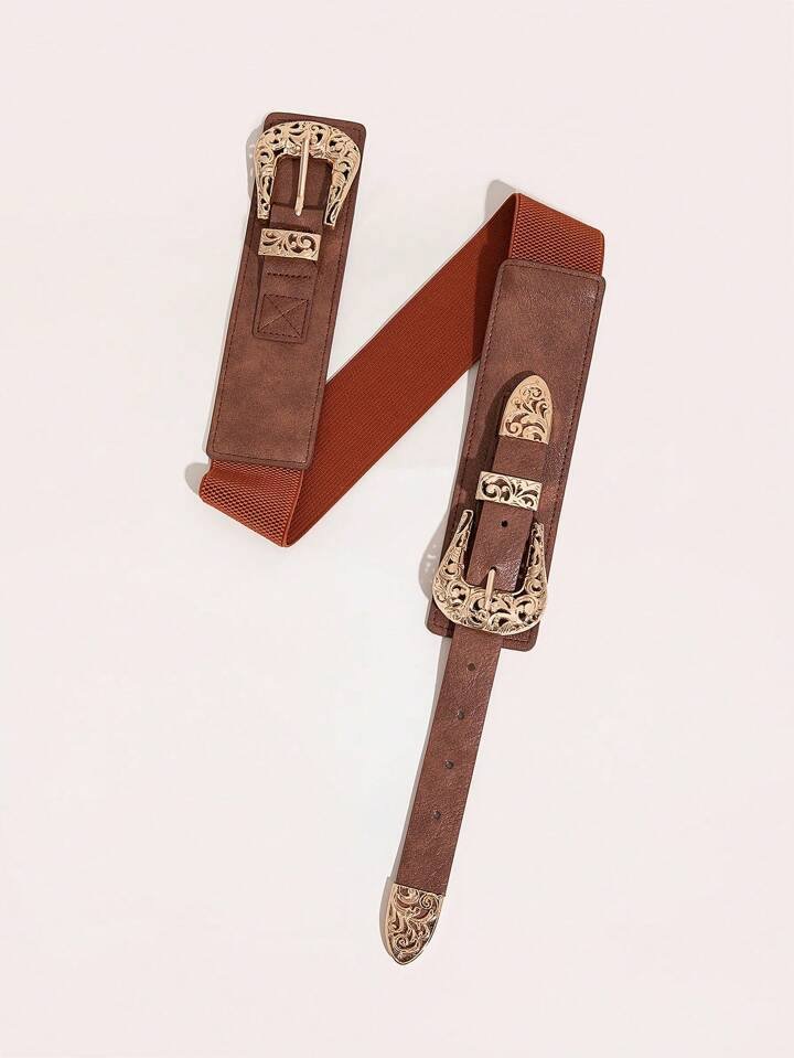 1pc Women's Vintage Hollow Out Double Buckle Elastic Waist Cinch Belt Boho Halloween