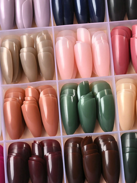24 Colors Almond-Shaped Glossy Acrylic Press-On Nails Long