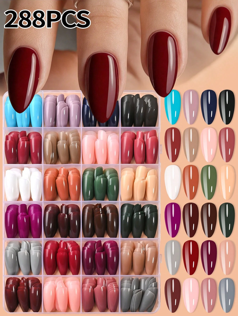 24 Colors Almond-Shaped Glossy Acrylic Press-On Nails Long