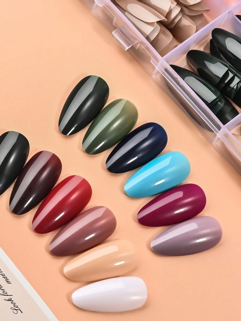 24 Colors Almond-Shaped Glossy Acrylic Press-On Nails Long