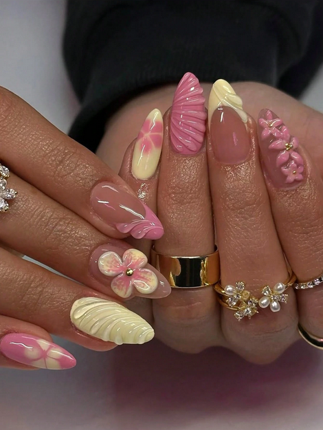 24Pcs Minimalism Style Yellow &amp; Pink Flower Decor French Manicure Medium Almond