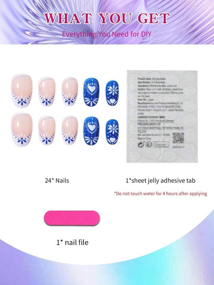 24Pcs Short Oval White French Nail &amp; Heart Pattern Tip Short Press On Nails
