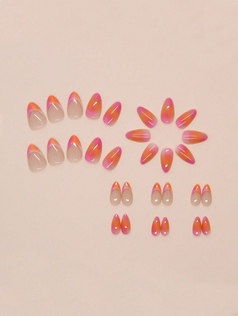24pcs Short Almond-Shaped Nail Stickers, Minimalist Orange Ombre False Nails