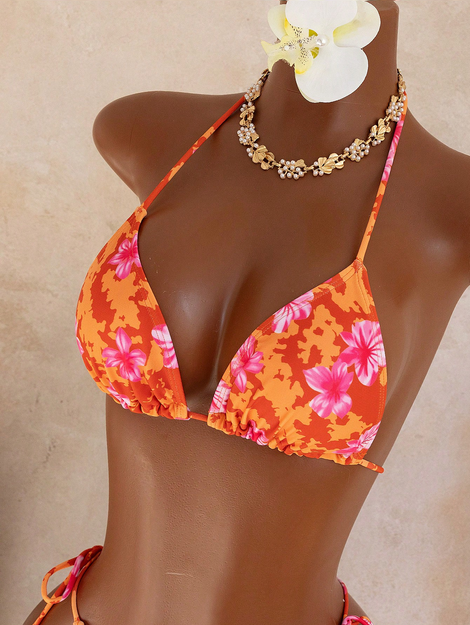 2pcs Tropical Floral Print Women Bikini Set, Including Triangle Top, Tie-Up Bottom