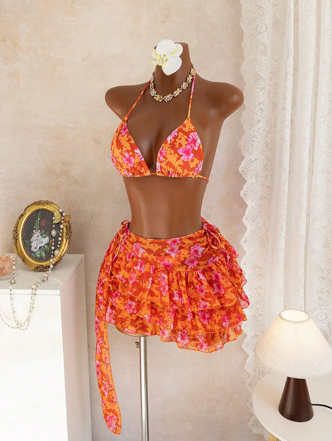 2pcs Tropical Floral Print Women Bikini Set, Including Triangle Top, Tie-Up Bottom