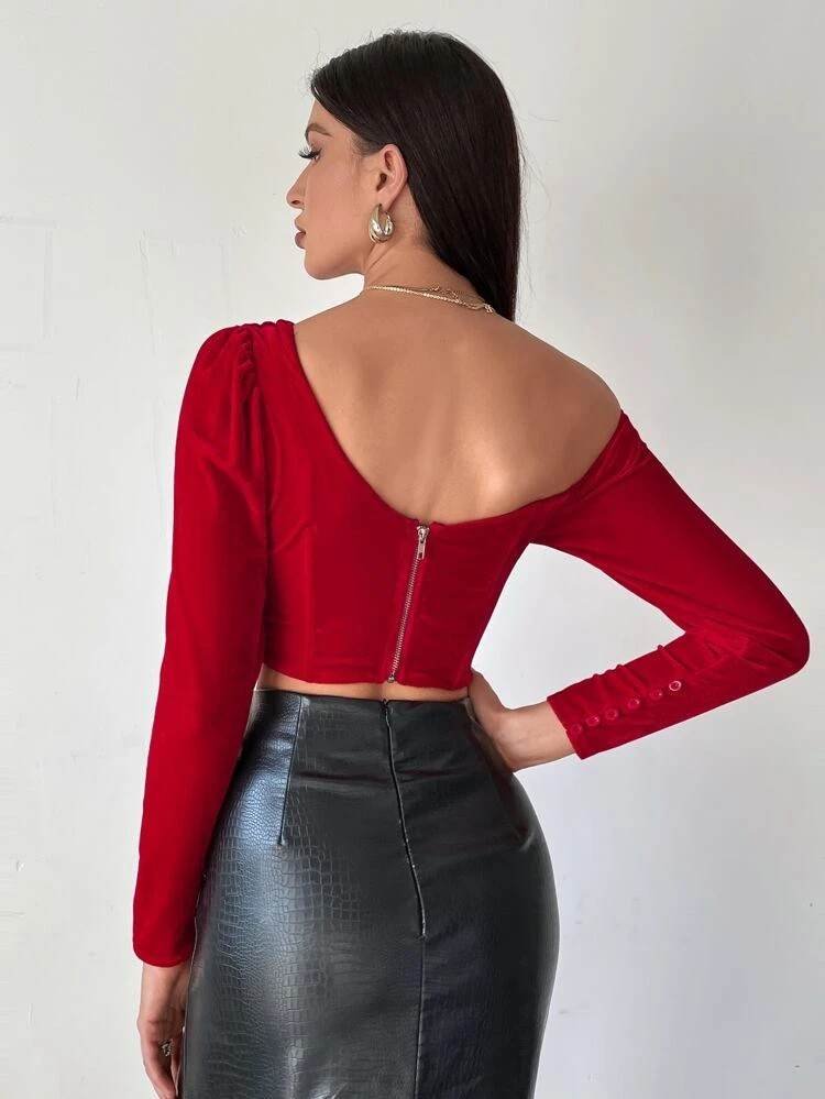 Asymmetrical Neck Bustier Velvet Top