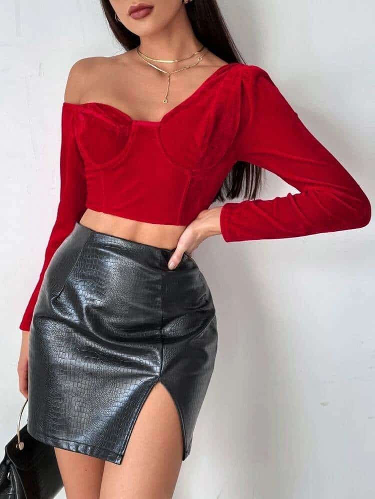 Asymmetrical Neck Bustier Velvet Top