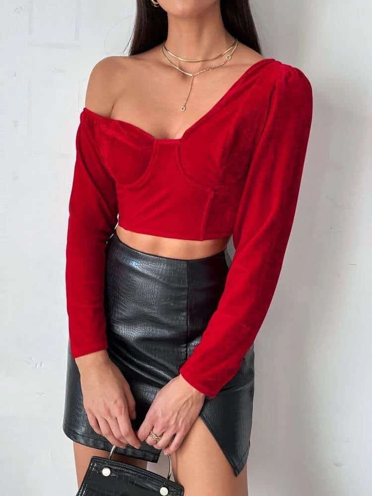 Asymmetrical Neck Bustier Velvet Top
