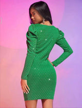 SHEIN BAE Sweetheart Neck Gigot Sleeve Ruched Sequin Bodycon Dress