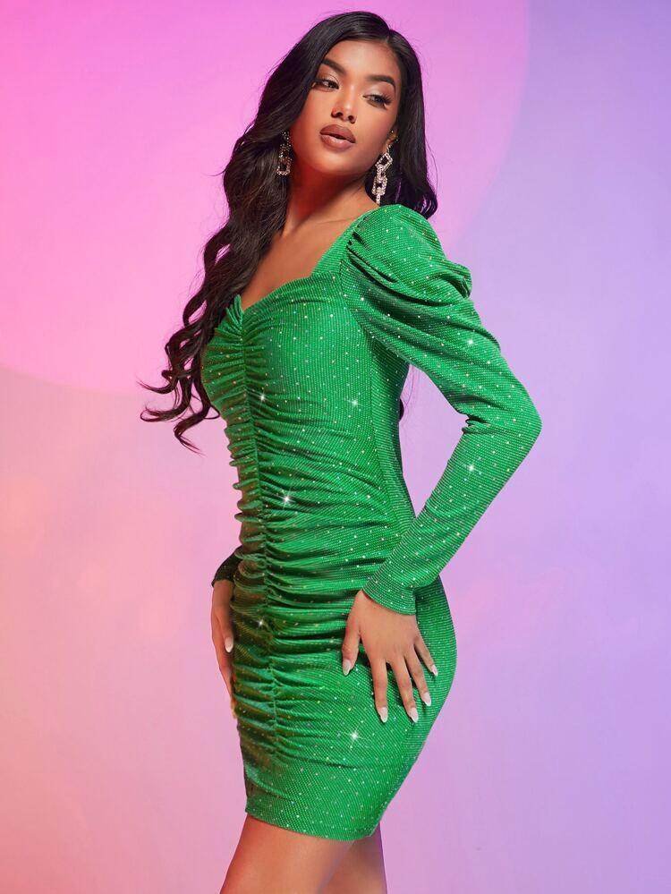 SHEIN BAE Sweetheart Neck Gigot Sleeve Ruched Sequin Bodycon Dress