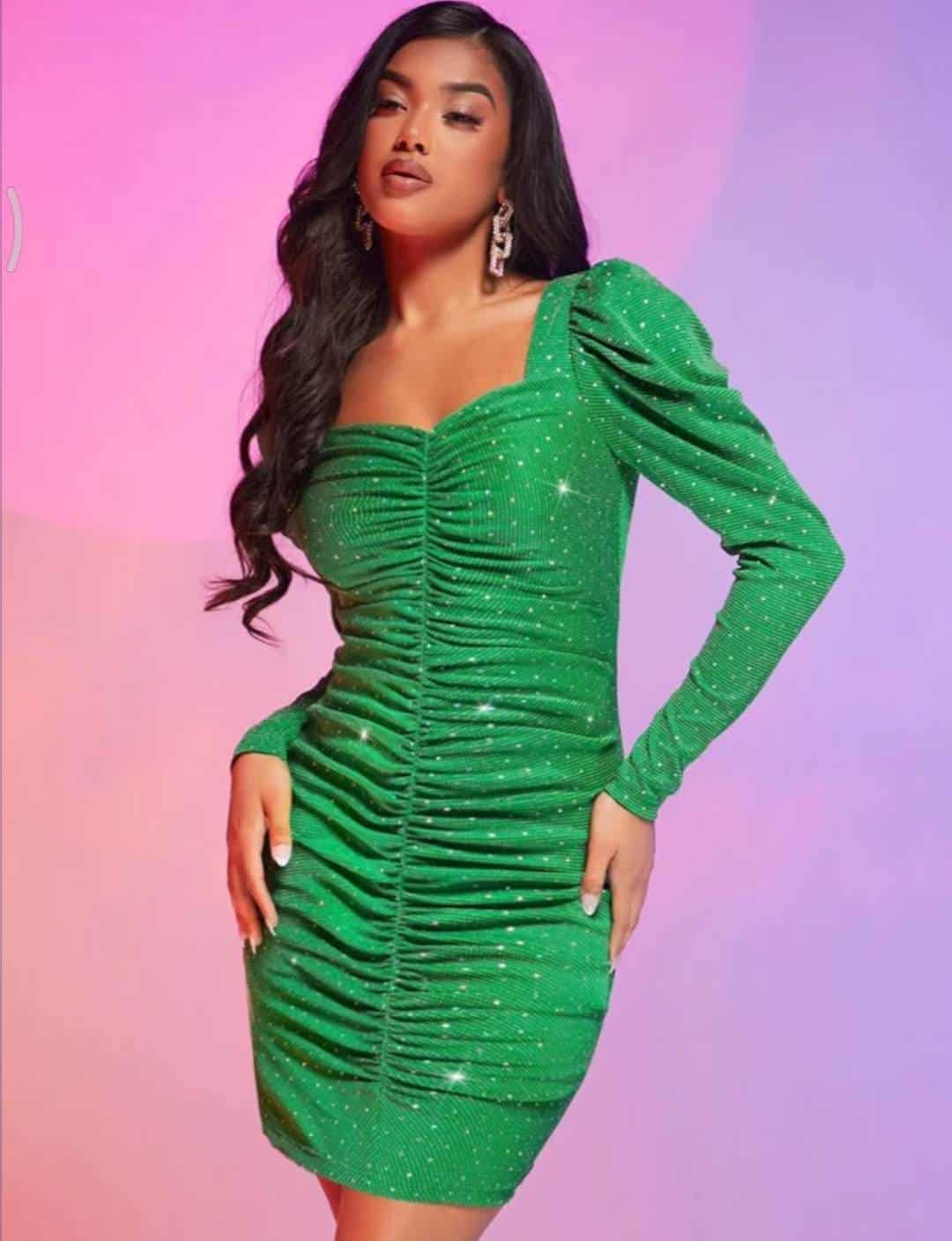 SHEIN BAE Sweetheart Neck Gigot Sleeve Ruched Sequin Bodycon Dress