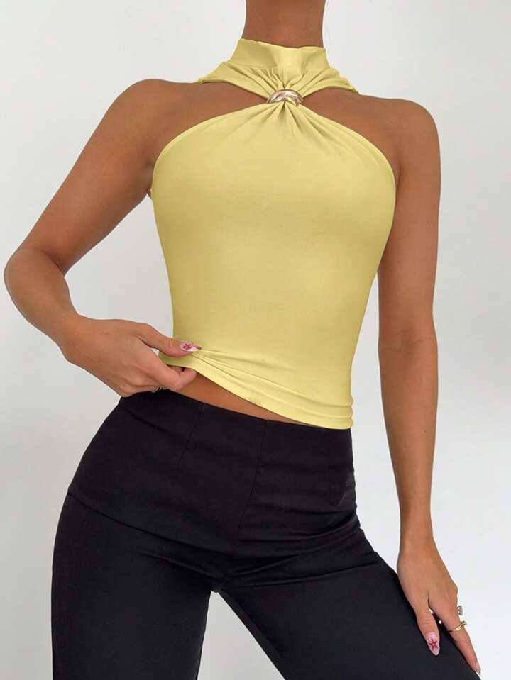 Siren Gaze Women's Summer Sleeveless Stand Collar Blouse With Metal Decor