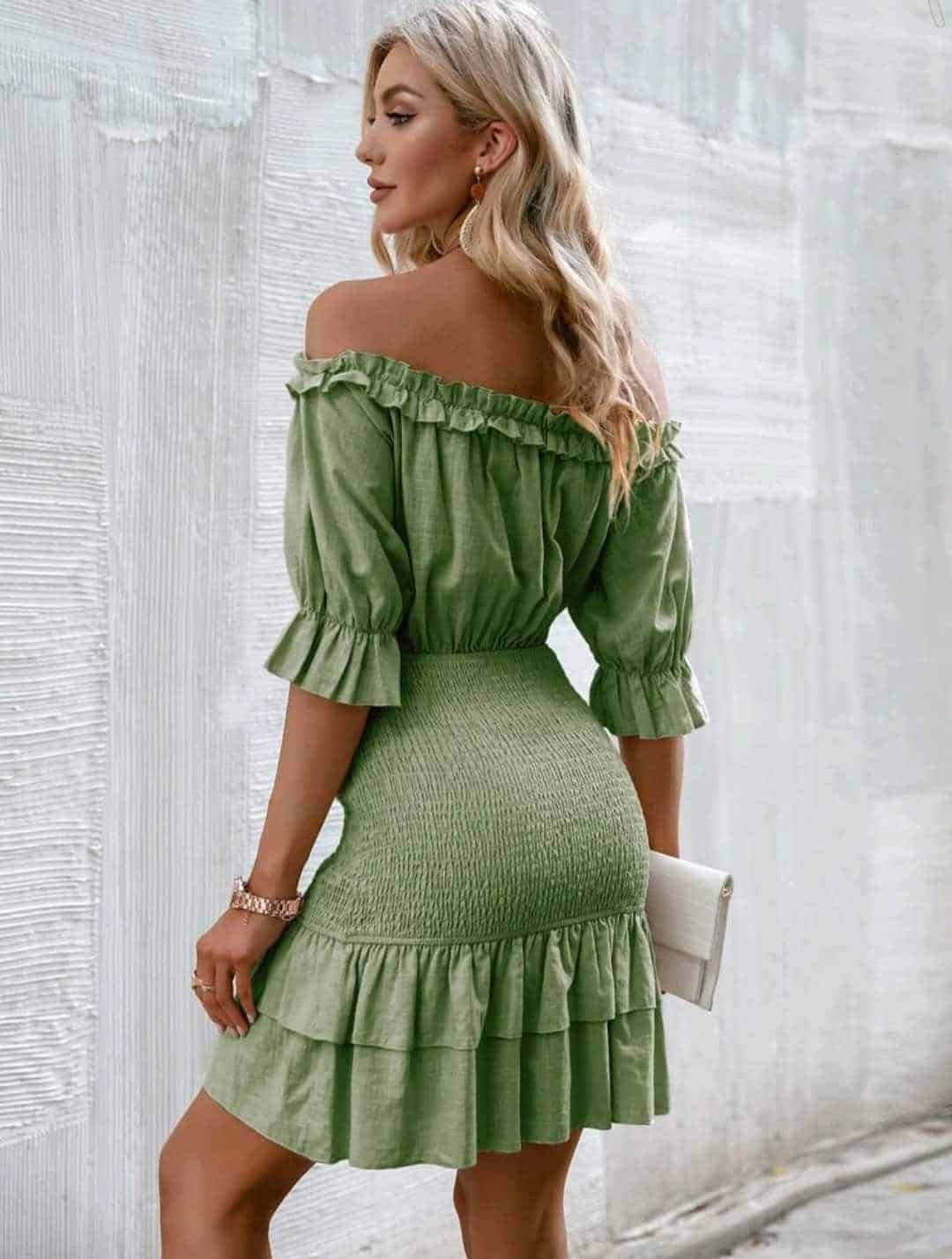 Simplee Off Shoulder Shirred Detail Ruffle Trim Dress