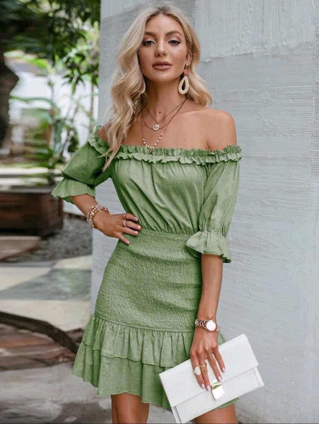 Simplee Off Shoulder Shirred Detail Ruffle Trim Dress