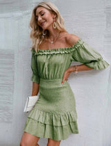 Simplee Off Shoulder Shirred Detail Ruffle Trim Dress