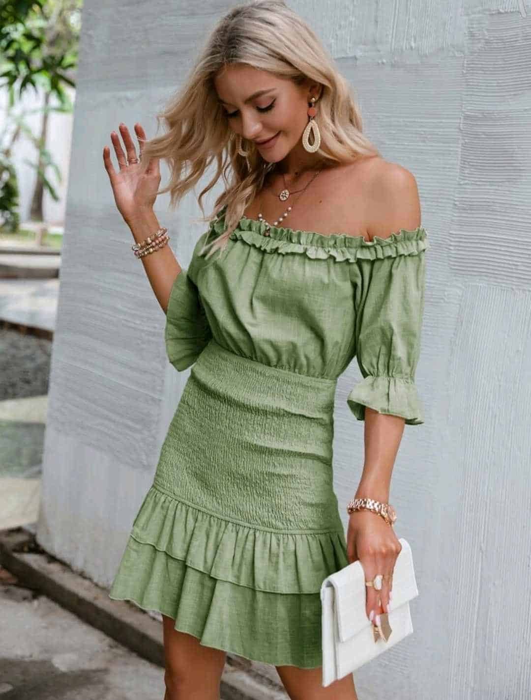 Simplee Off Shoulder Shirred Detail Ruffle Trim Dress