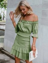 Simplee Off Shoulder Shirred Detail Ruffle Trim Dress