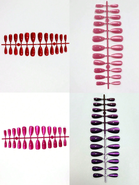 (4-Color Mix) Y2K Long Almond-Shaped Glossy Blood Red Crystal Cat Eye Acrylic Press-On Nails