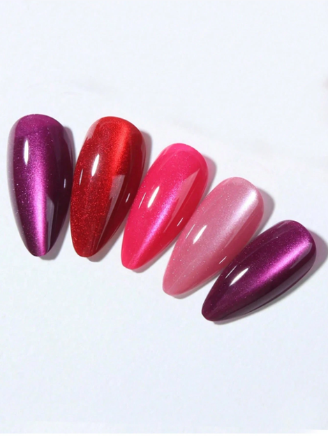 (4-Color Mix) Y2K Long Almond-Shaped Glossy Blood Red Crystal Cat Eye Acrylic Press-On Nails
