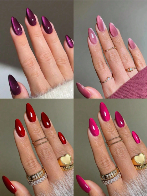 (4-Color Mix) Y2K Long Almond-Shaped Glossy Blood Red Crystal Cat Eye Acrylic Press-On Nails