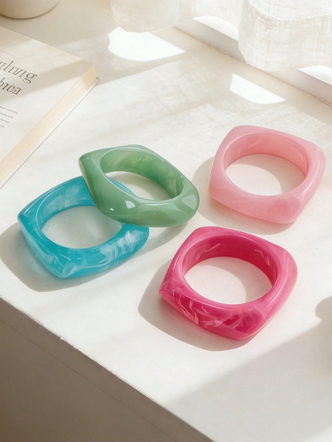 4pcs Set Geometric Summer Tie-Dye Resin Curved Beach Bracelet