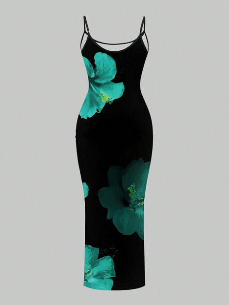 Slaydiva 2026 Plus Size Women Floral Print Fitted Vacation Dress Women's Spaghetti Strap Dress Beach