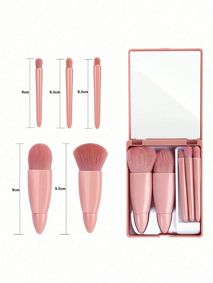 5pcs Portable Makeup Brush Set With Mirror, Boxed Makeup Brush Set, Multifunctional Powder Brush
