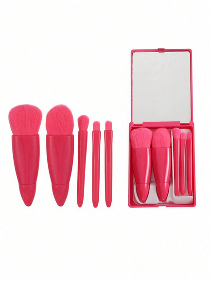 5pcs Portable Makeup Brush Set With Mirror, Boxed Makeup Brush Set, Multifunctional Powder Brush