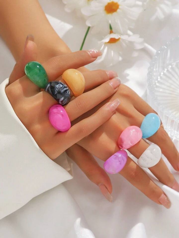 6-8pcs Set Exaggeration Colorful Resin Rings, Asymmetrical Stained Geometric