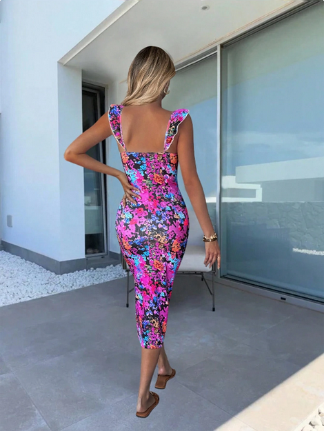 Selianne Women's Colorful Print Split Cap Sleeve Midi Dress