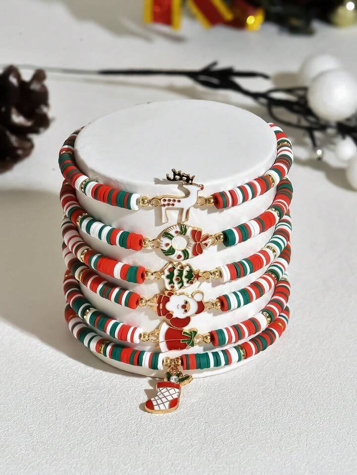 6pcs Set Reindeer, Santa Claus, Christmas Tree Soft Ceramic Decorative Bracelet, Christmas Gift