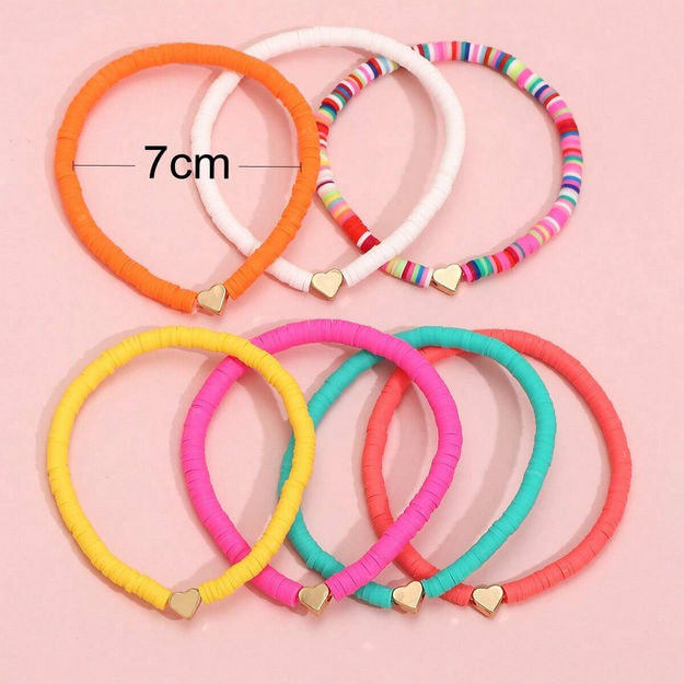 7pcs Set Bohemian Style Random Color Polymer Clay Heart Beaded Anklet For Women Valentines