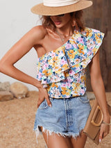 Allover Floral Print Layered Ruffle Trim One Shoulder Blouse