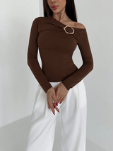 Aloruh Women's Autumn/Winter Metallic Decor Oblique Shoulder Fitted T-Shirt Coffee