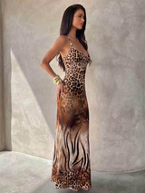 Aloruh Brown Leopard Animal Print Wild Sexy Tropical Wrap Vacation Camisole Dress Summer