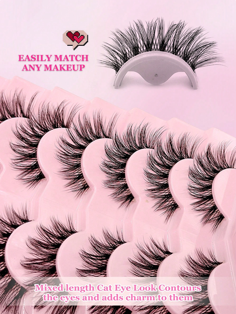 Asiteo 7 Pairs Cartoon Style Reusable Cat Eye False Eyelashes Faux Mink Lashes Natural & Fluffy Crossed